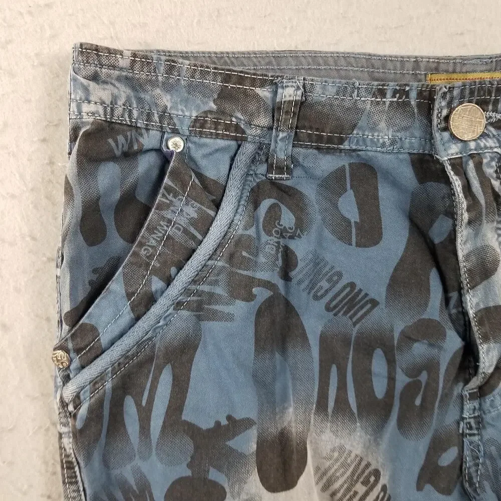 Cargo Shorts Mens 32 Blue All Over Print Multi Pocket‎ Drawstring Y2K Streetwear